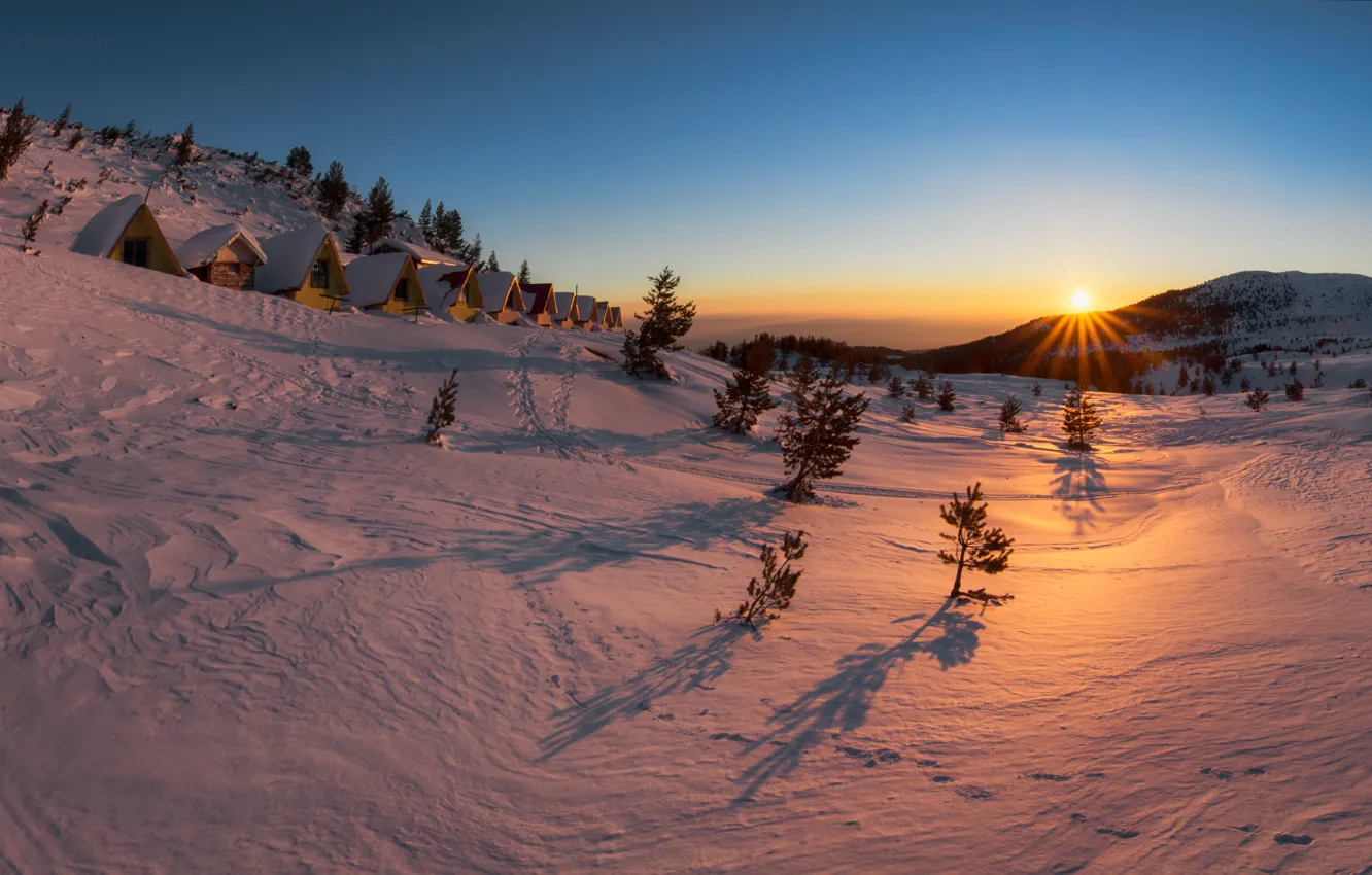 Photo wallpaper winter, the sky, snow, sunset, horizon, hut, Bulgaria, Pirin national Park