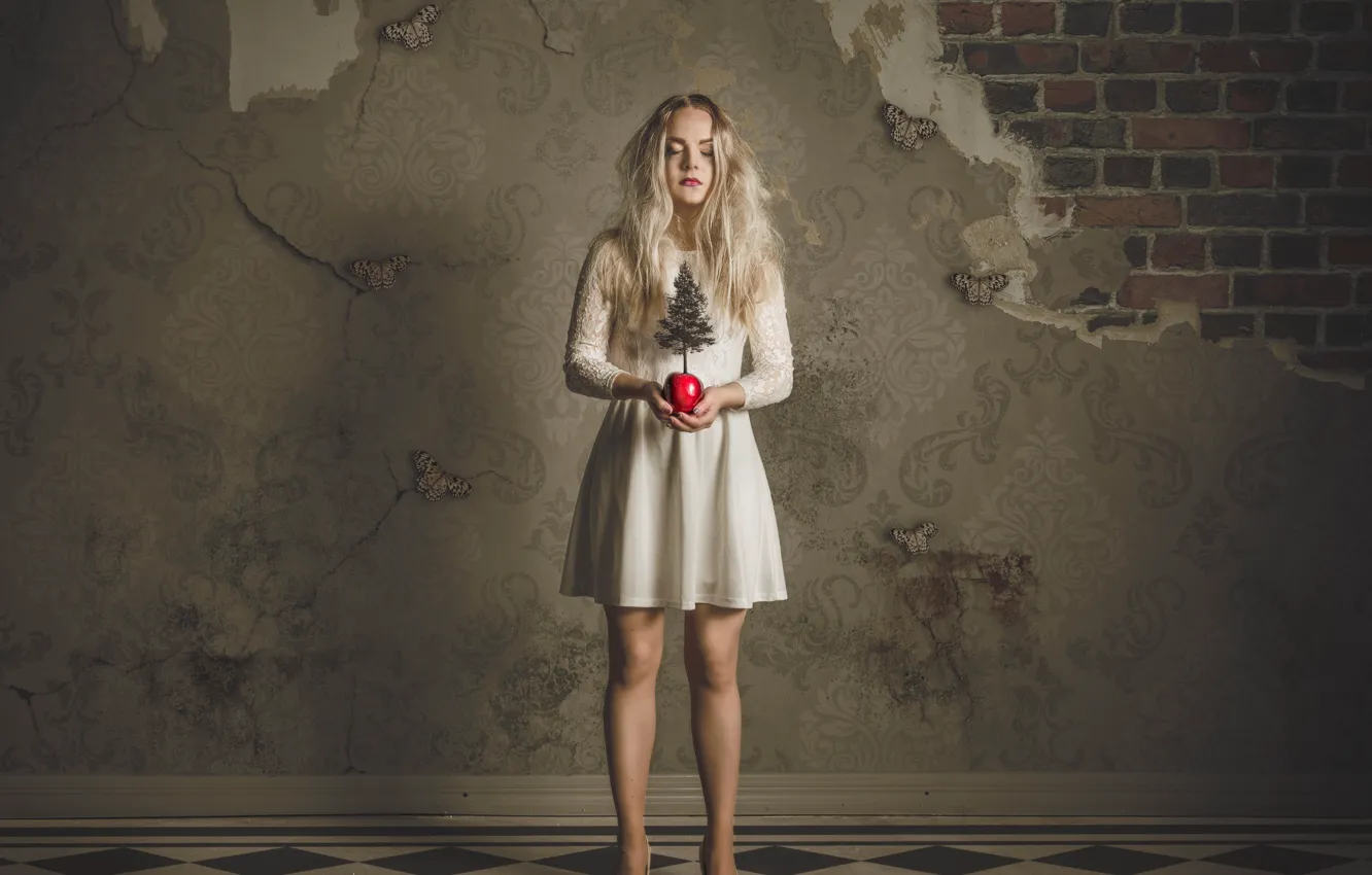 Photo wallpaper girl, trees, fantasy, apples, dress, Butterfly Dreams, Petri Damstén