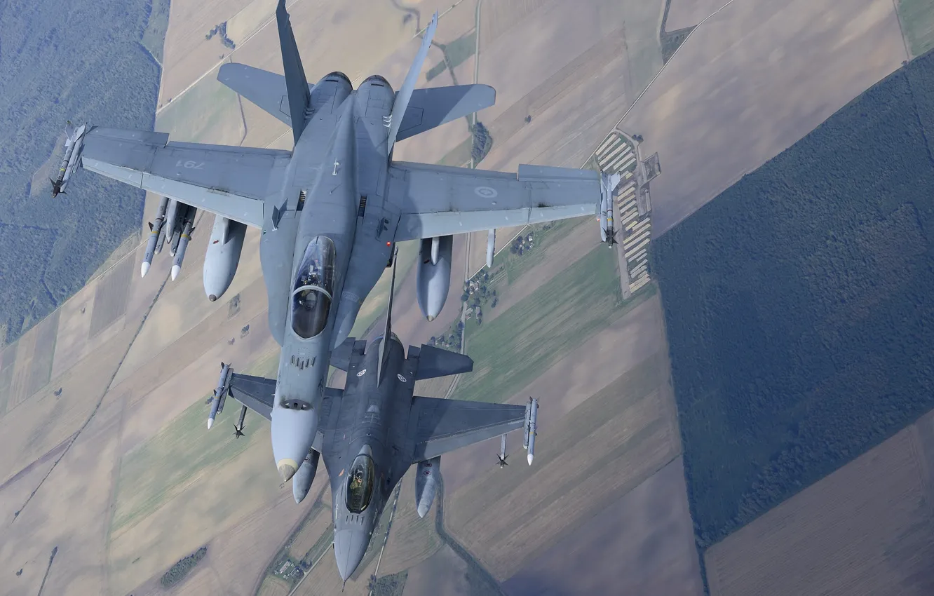 Photo wallpaper flight, fighters, F-16, Fighting Falcon, Hornet, CF-18
