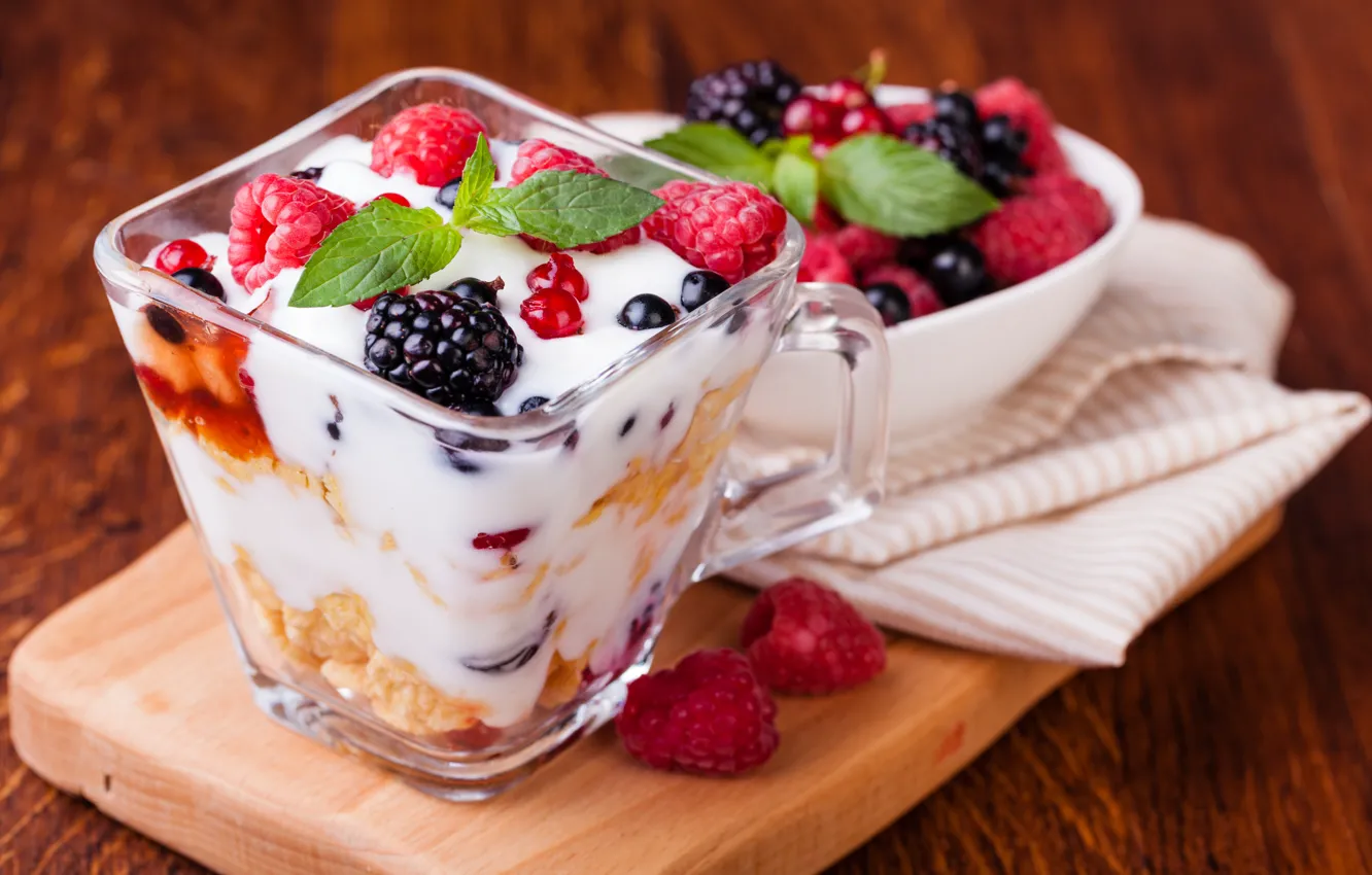 Photo wallpaper berries, raspberry, dessert, cereal, yogurt