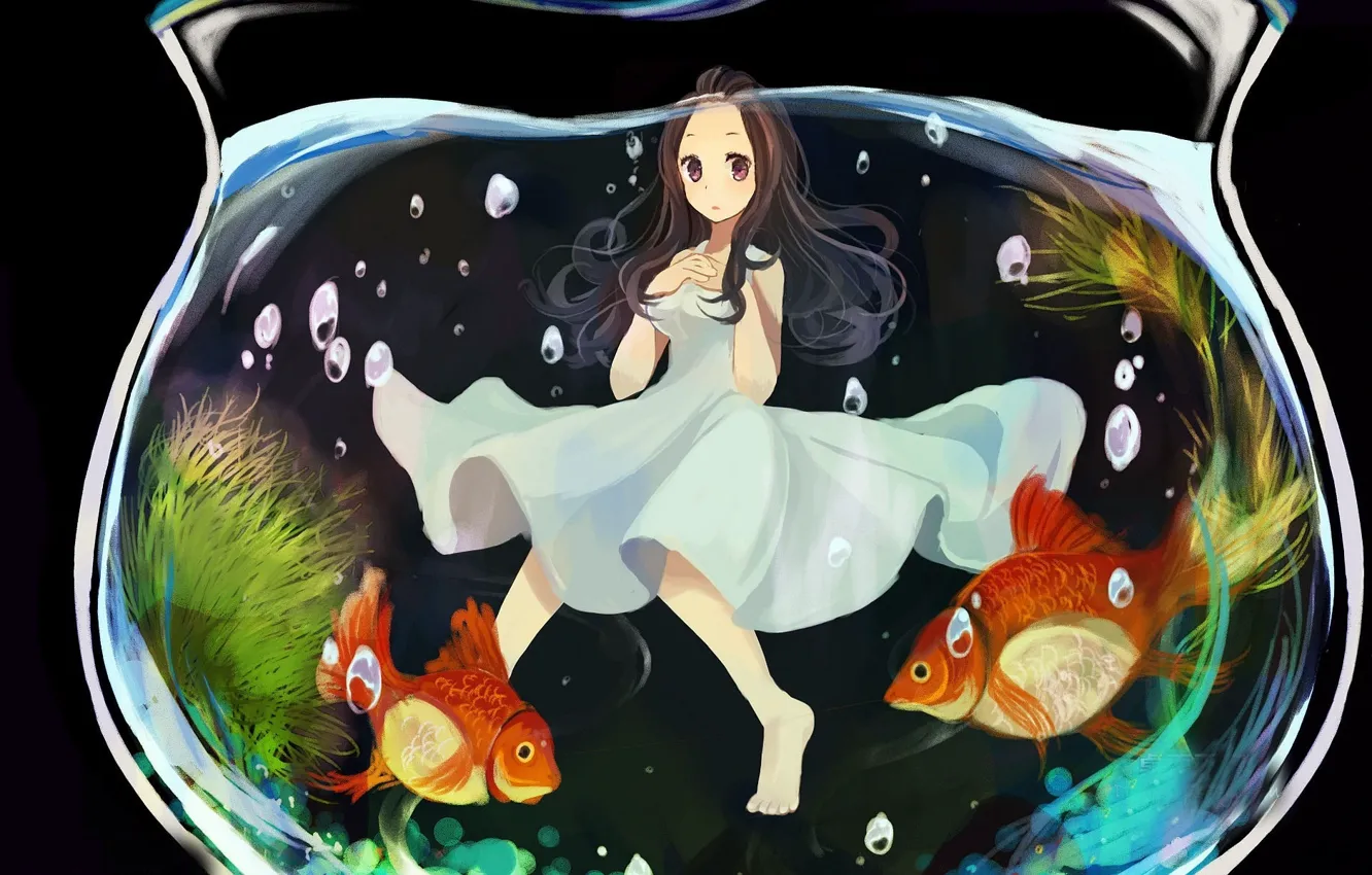 Photo wallpaper bubbles, aquarium, girl, goldfish, white dress