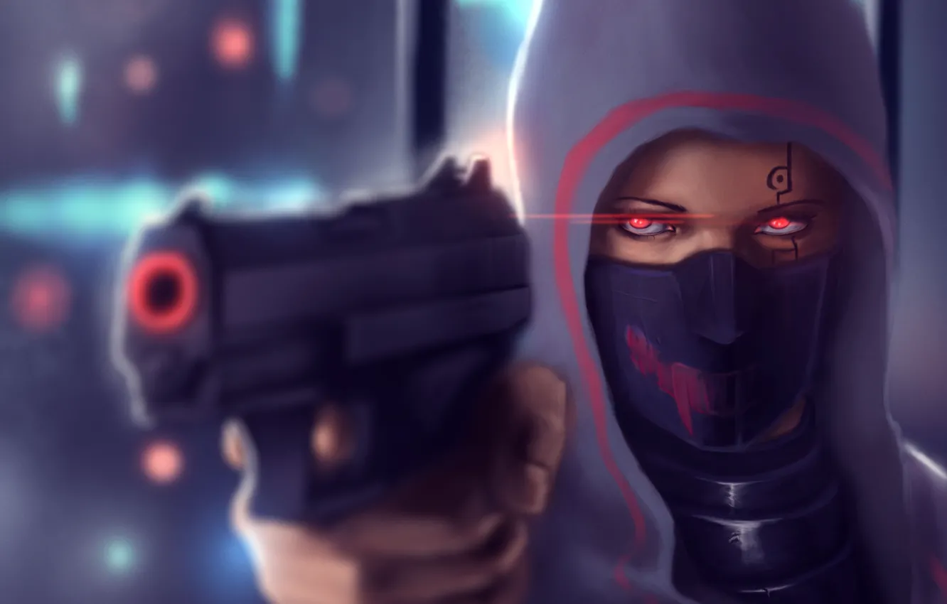 Photo wallpaper eyes, girl, gun, hood