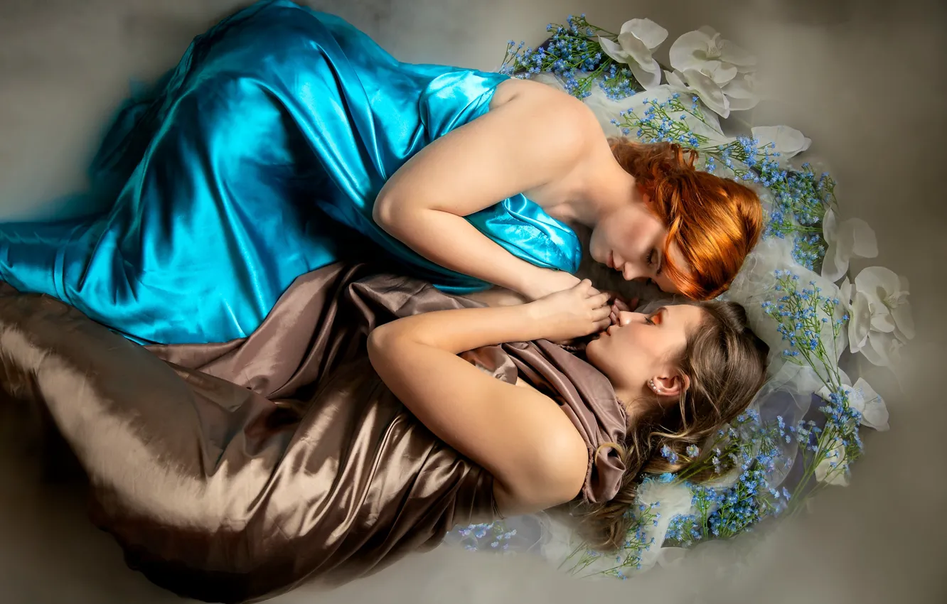 Photo wallpaper girl, flowers, pose, fog, style, blue, woman, two