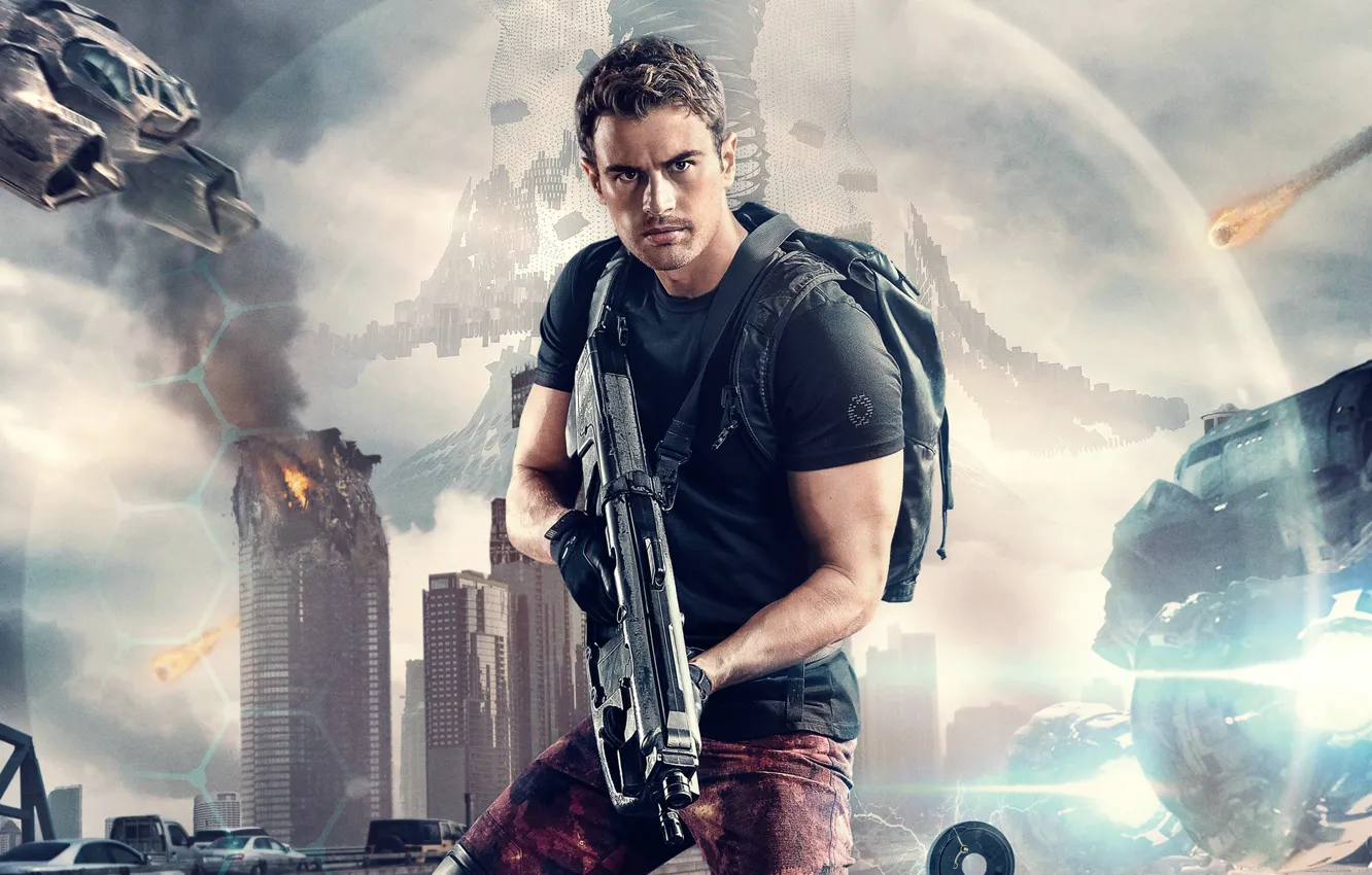 Photo wallpaper weapons, background, fiction, backpack, poster, Theo James, Theo James, Divergent