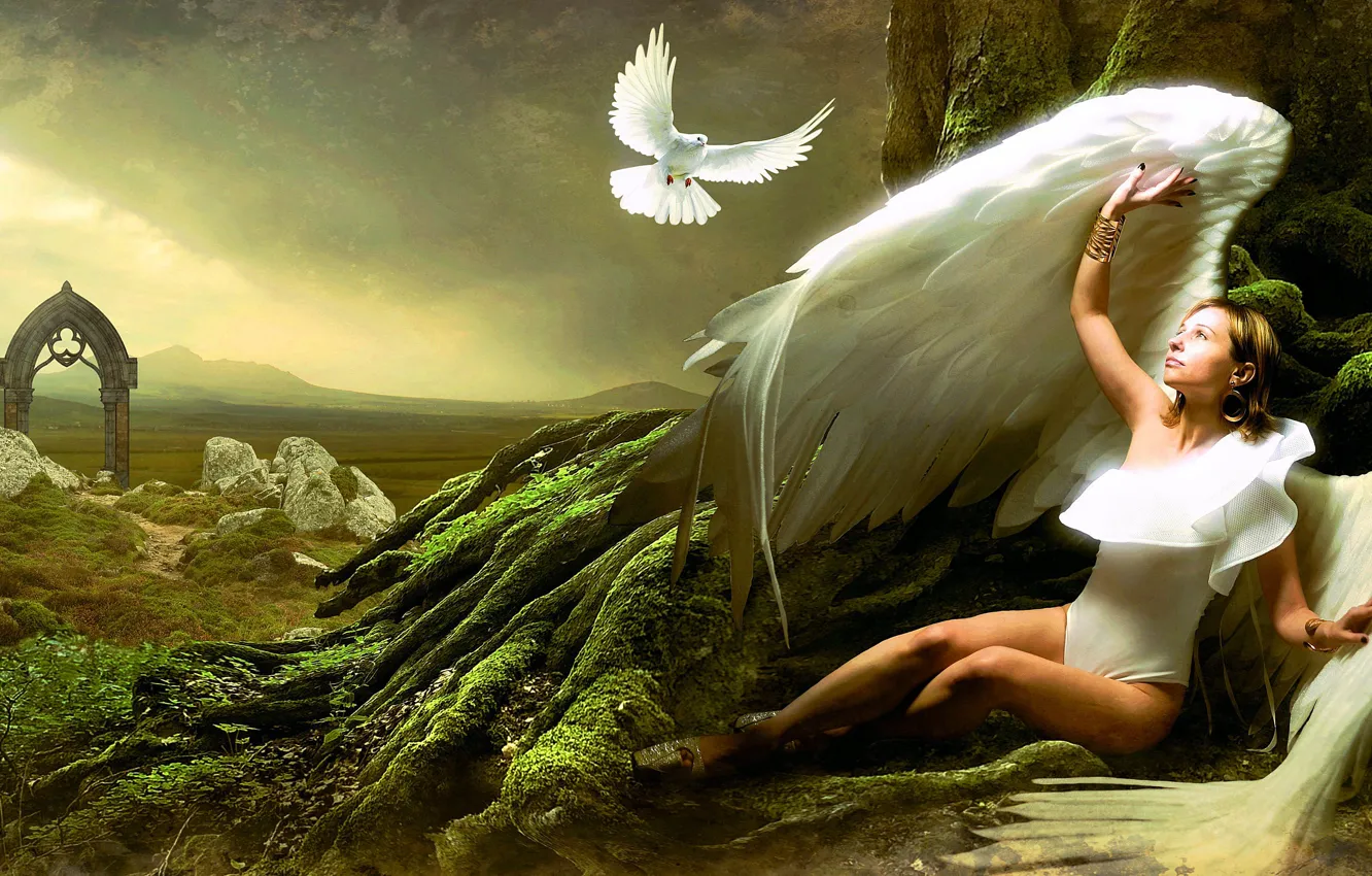 Photo wallpaper Tree, Dove, Angel, Light, Wings, Fantasy, Victoria Borodinova, Photomontage