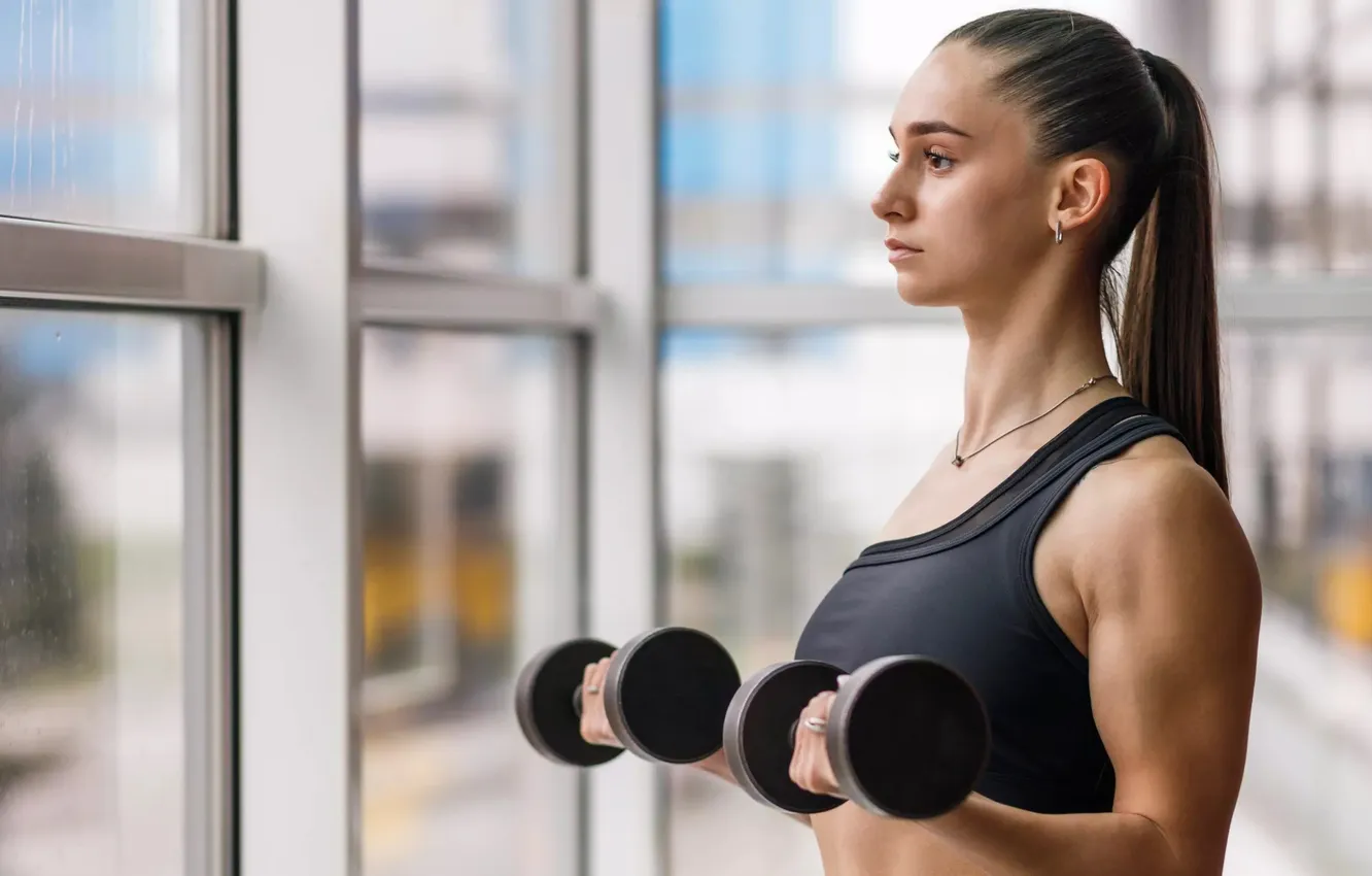 Photo wallpaper figure, window, profile, fitness, figure, hair, pose, dumbbells