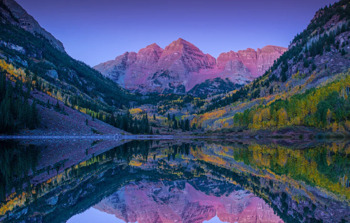 Photo wallpaper autumn, forest, mountains, lake, reflection, shore, slope, twilight