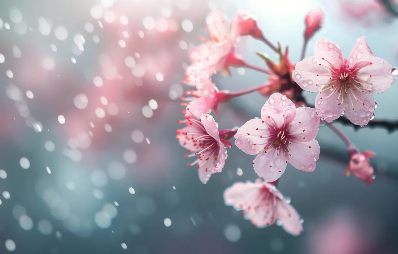 Photo wallpaper drops, light, flowers, cherry, spring, pink, flowering, bokeh