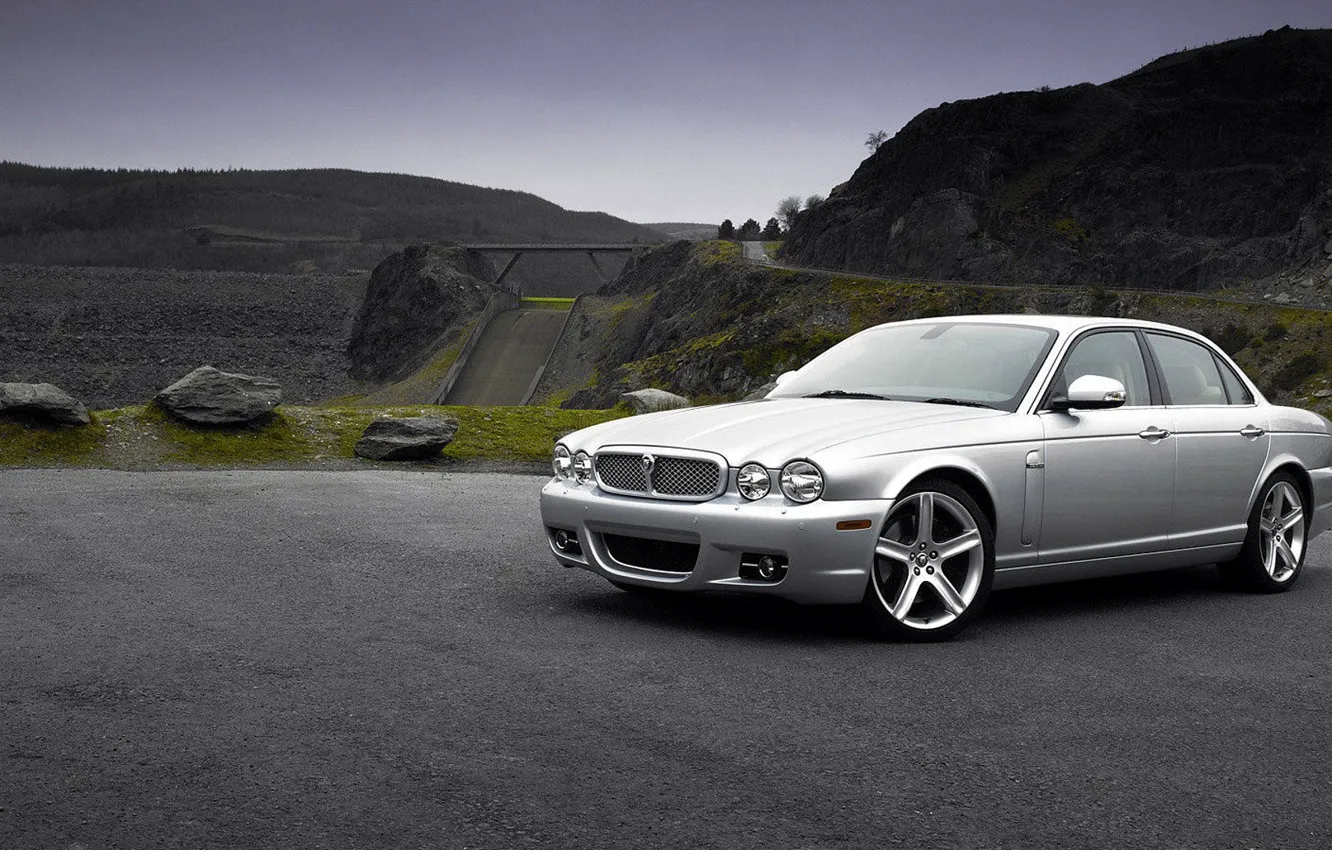 Photo wallpaper white, mountains, Jaguar, Jaguar XJ