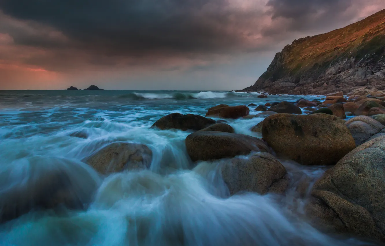 Photo wallpaper sea, wave, the sky, clouds, stones, rocks, shore, surf