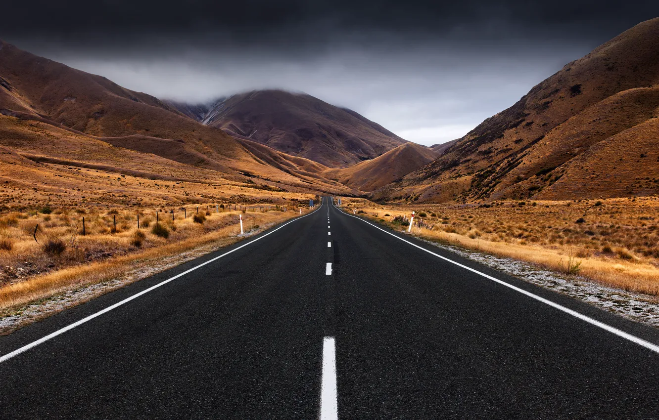 Photo wallpaper road, the storm, clouds, mountains, New Zealand, South island, Lindis Pass