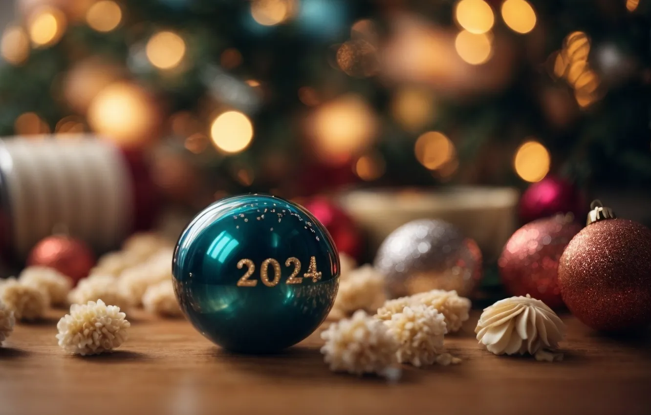 Photo wallpaper balls, lights, Shine, new year, Christmas, figures, date, bokeh