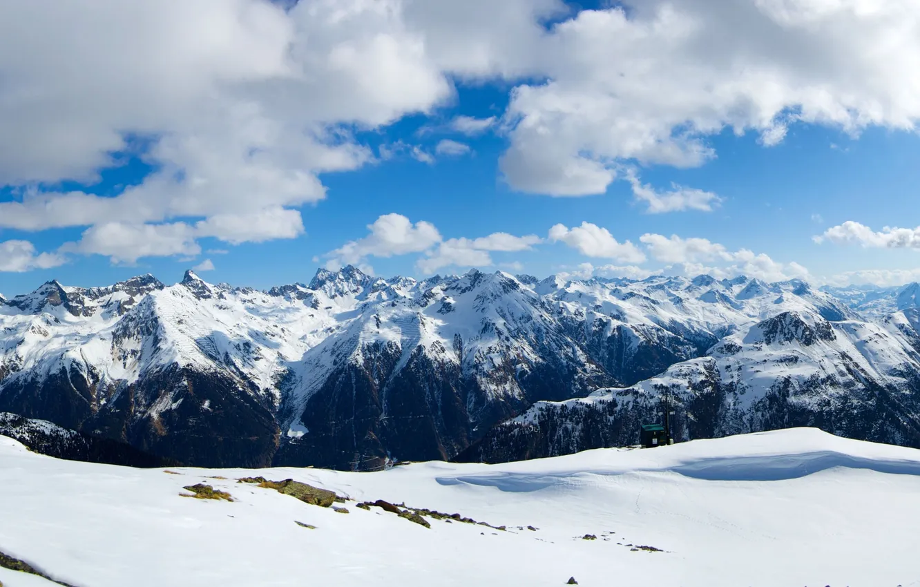 Photo wallpaper winter, forest, the sky, clouds, snow, trees, landscape, mountains