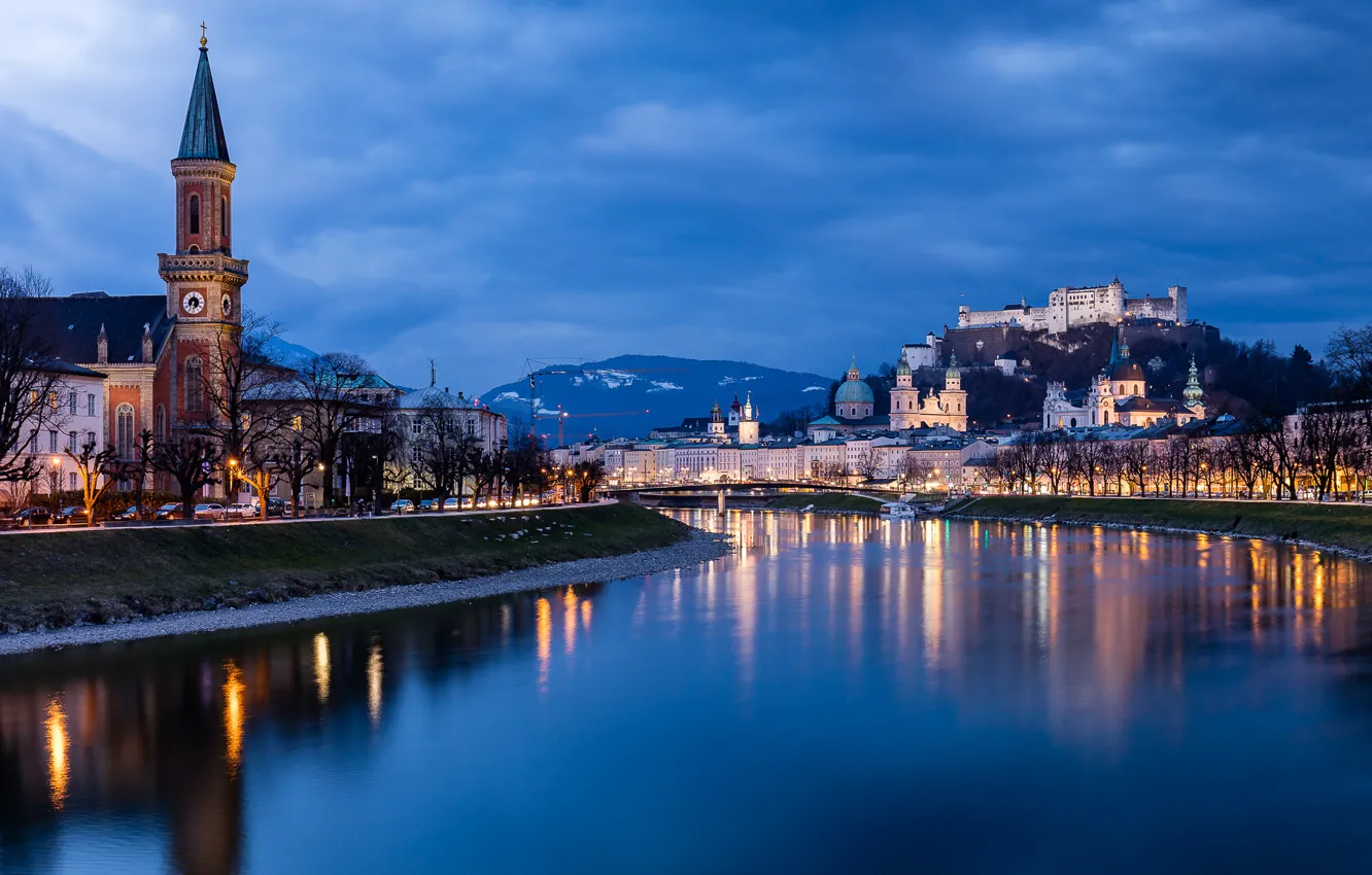 Photo wallpaper churxh, sunrise, morning, river, Salzburg