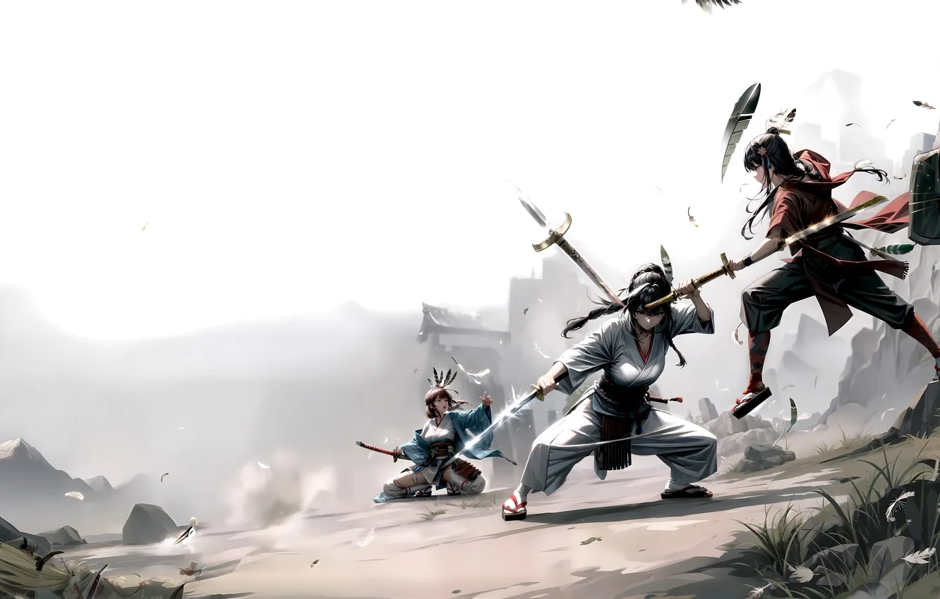 Photo wallpaper girl, sword, fantasy, weapon, katana, battle, digital art, fighting