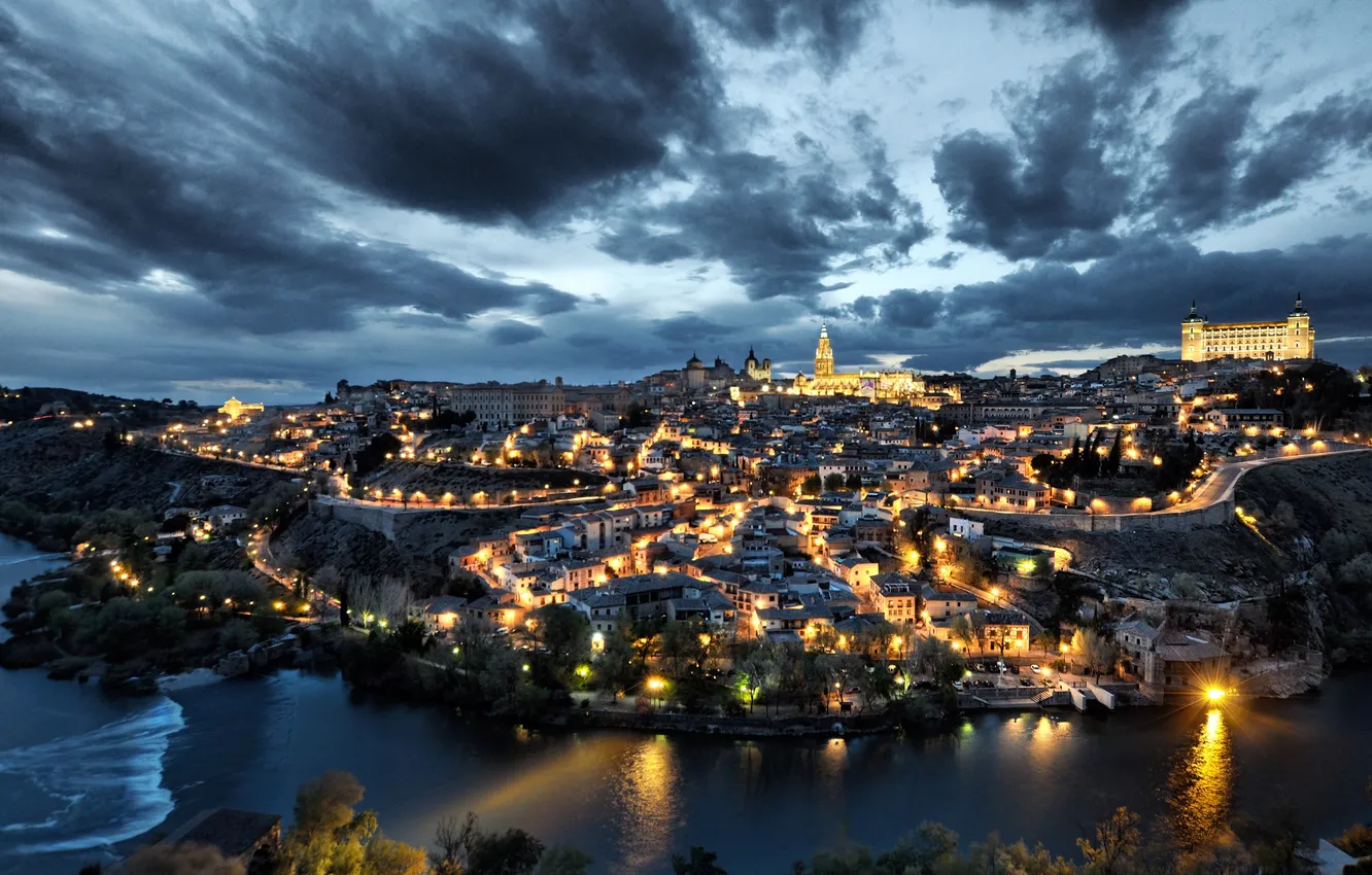 Photo wallpaper twilight, Spain, Toledo, dusk, Spain, Toledo, the Tagus river, small town