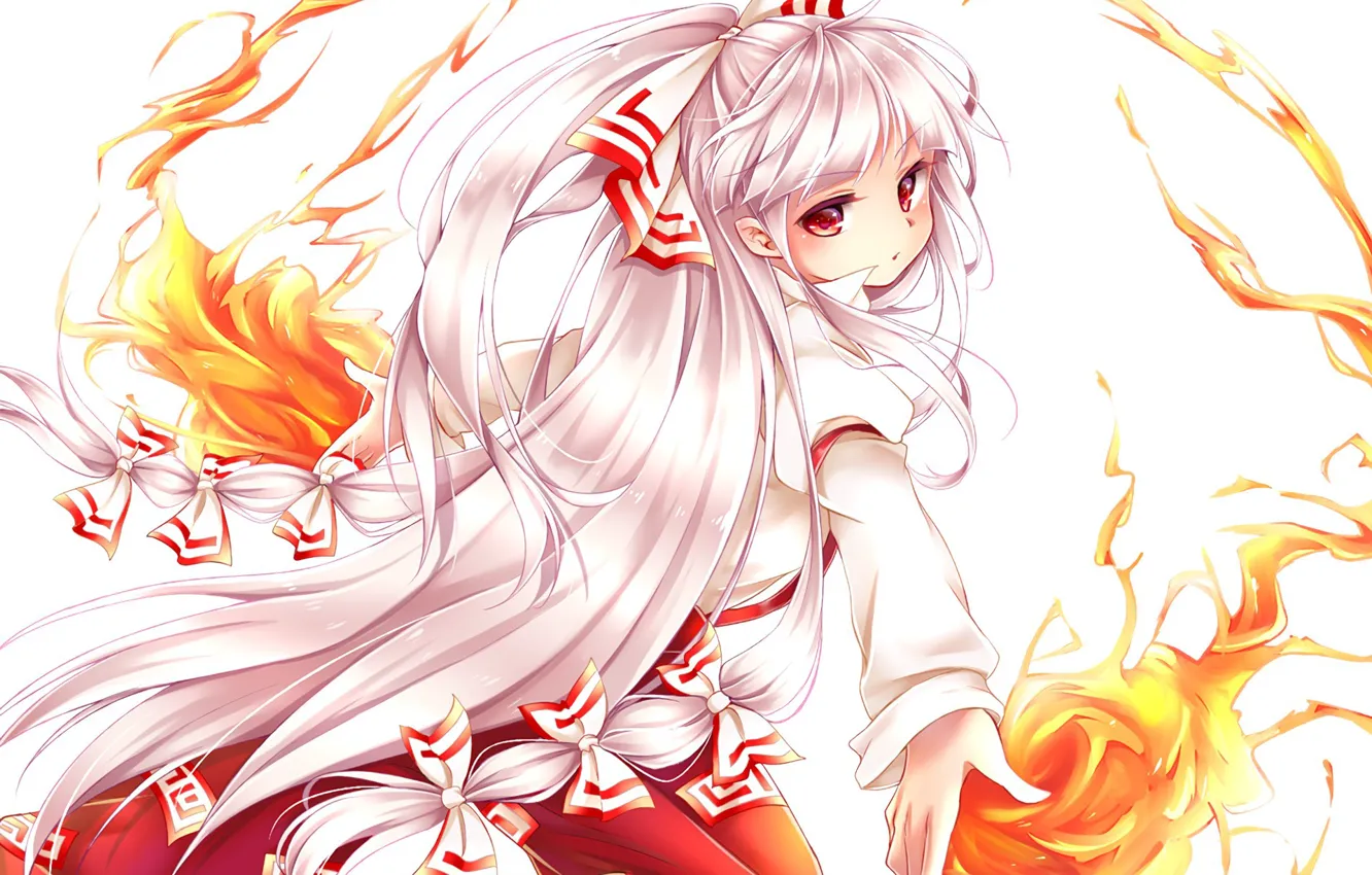 Photo wallpaper fire, flame, girl, anime, red eyes, pretty, Touhou, japanese