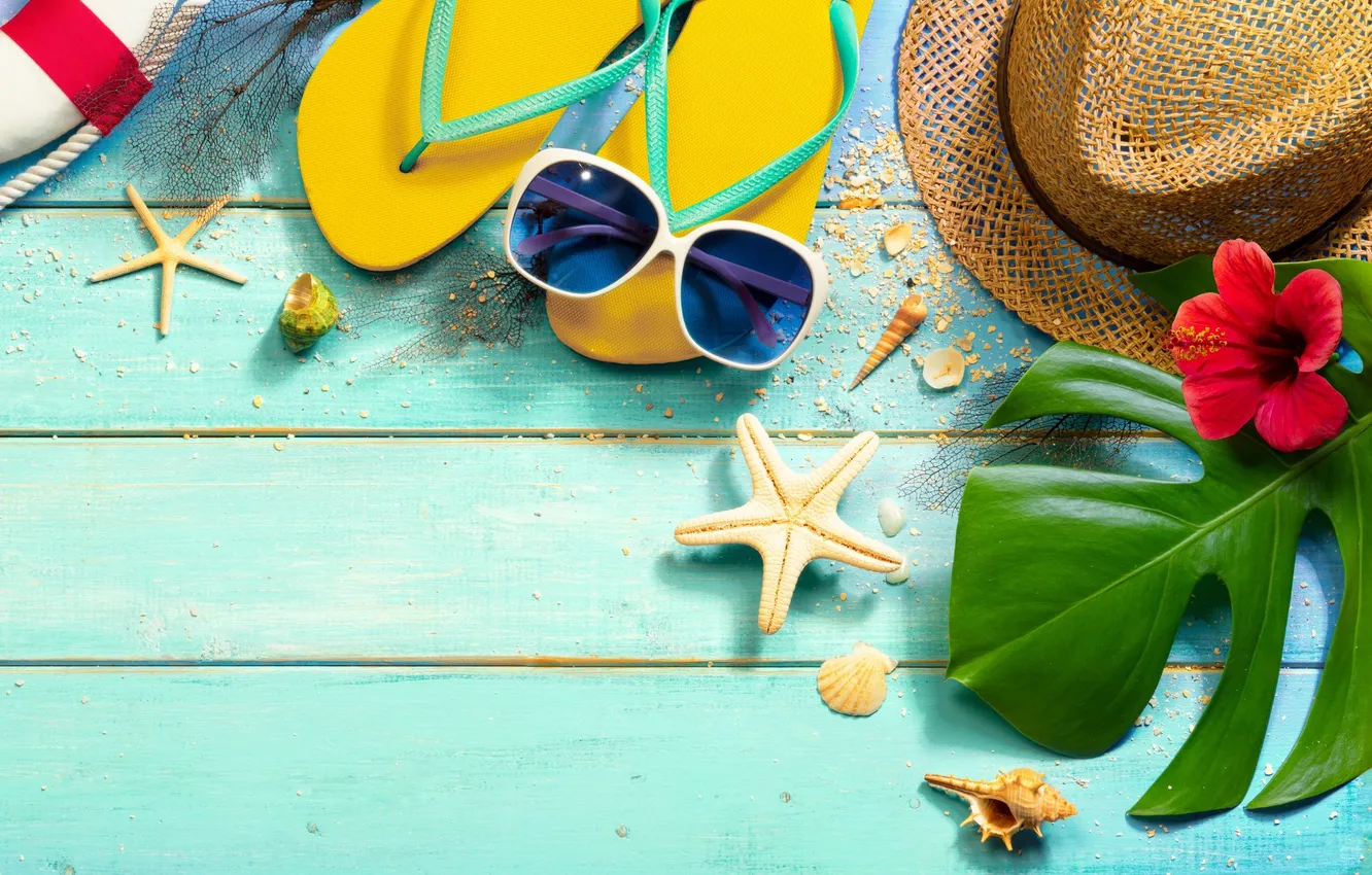 Photo wallpaper beach, summer, stars, stay, hat, glasses, shell, summer