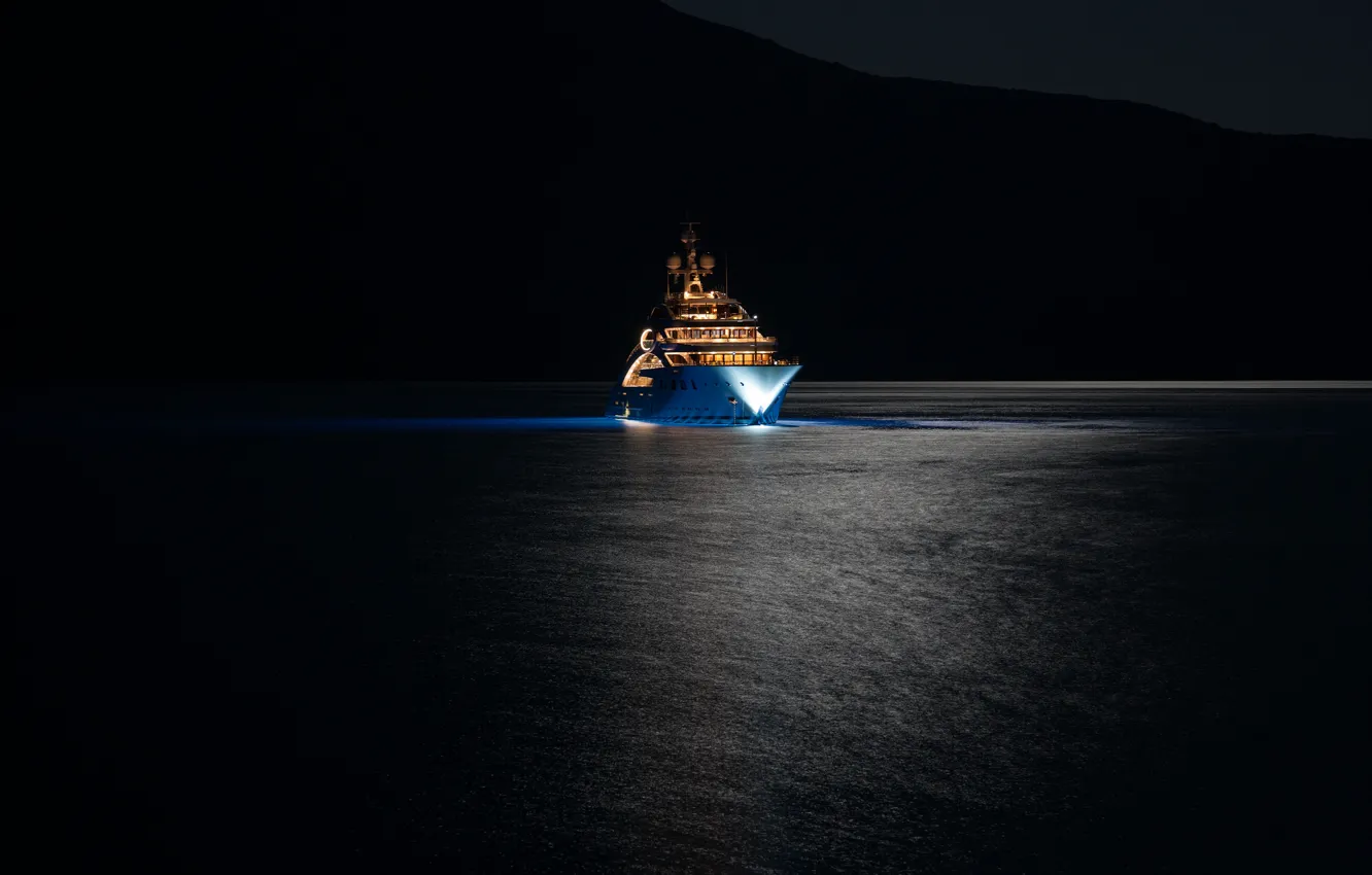 Photo wallpaper sea, night, lights, yacht, super, mega, mountains., super yacht