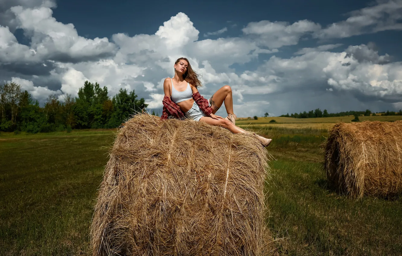 Photo wallpaper field, girl, clouds, pose, hay, legs, Kate, long hair