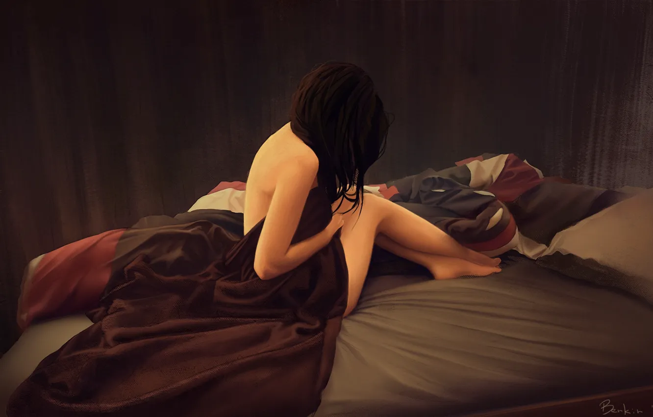 Photo wallpaper girl, art, bed, blanket, back, sitting