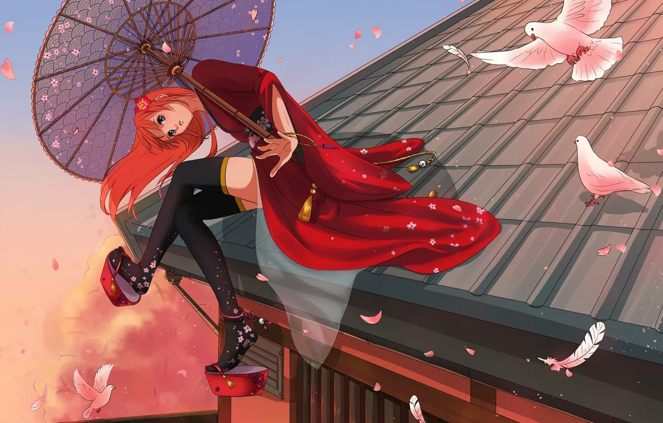 Photo wallpaper roof, girl, home, umbrella, anime, feathers, petals, art