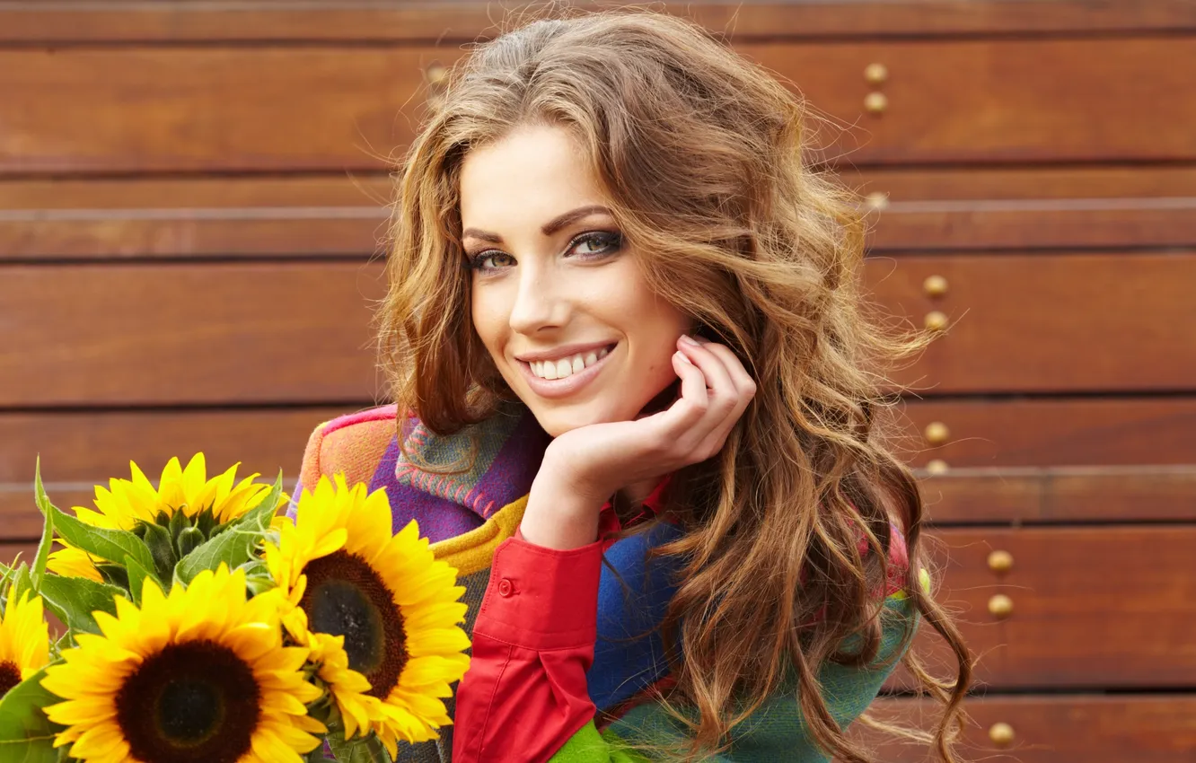 Photo wallpaper autumn, girl, sunflowers, flowers, smile, brown hair, beautiful, curls