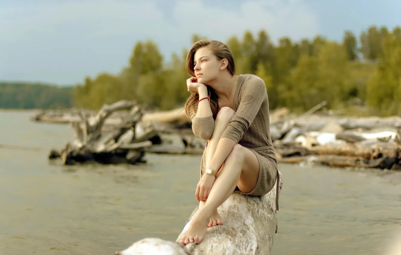 Photo wallpaper girl, river, mood