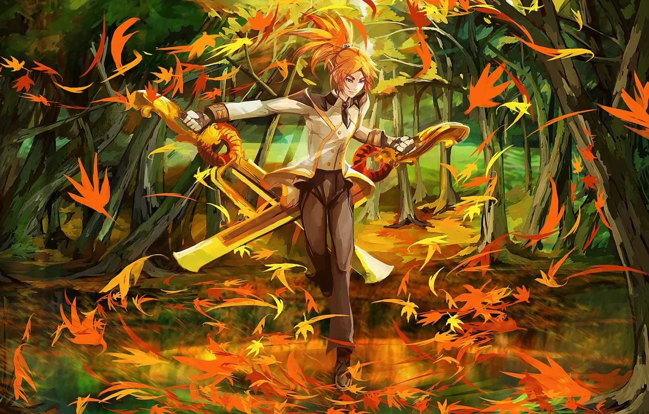 Photo wallpaper girl, orange, leaf, blades