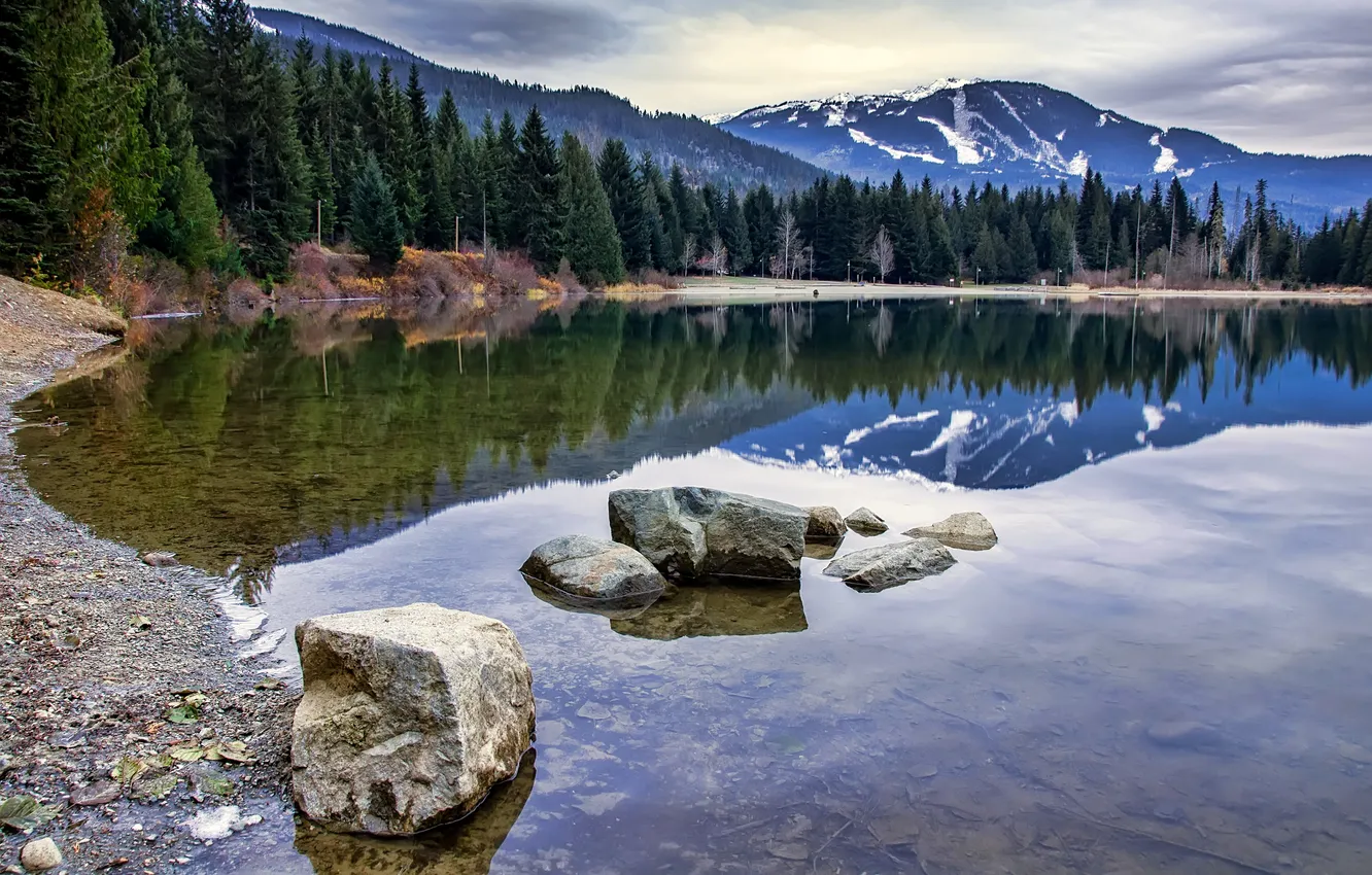 Photo wallpaper forest, water, mountains, lake, reflection, stones, shore, Canada