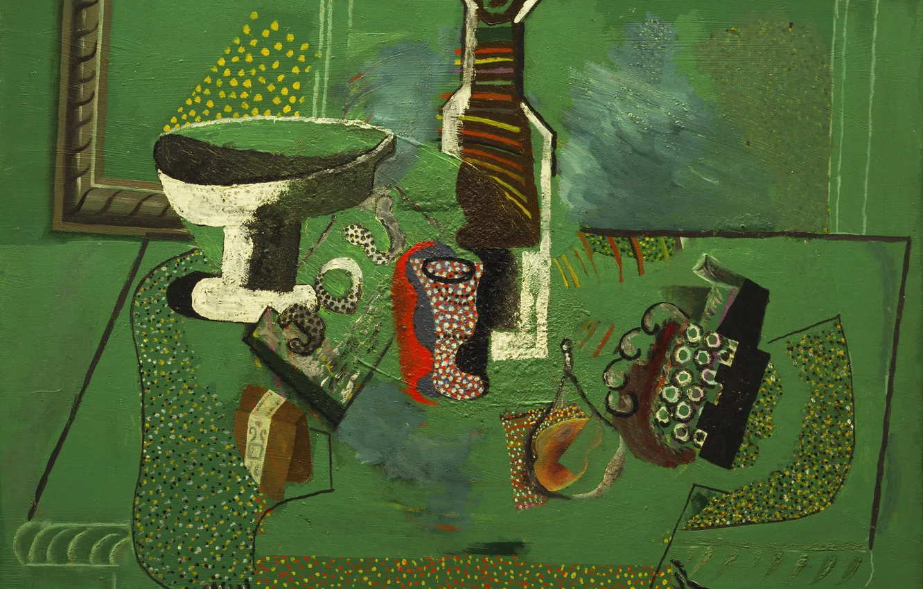Photo wallpaper abstraction, table, Wallpaper, bottle, picture, vase, still life, Green Still Life