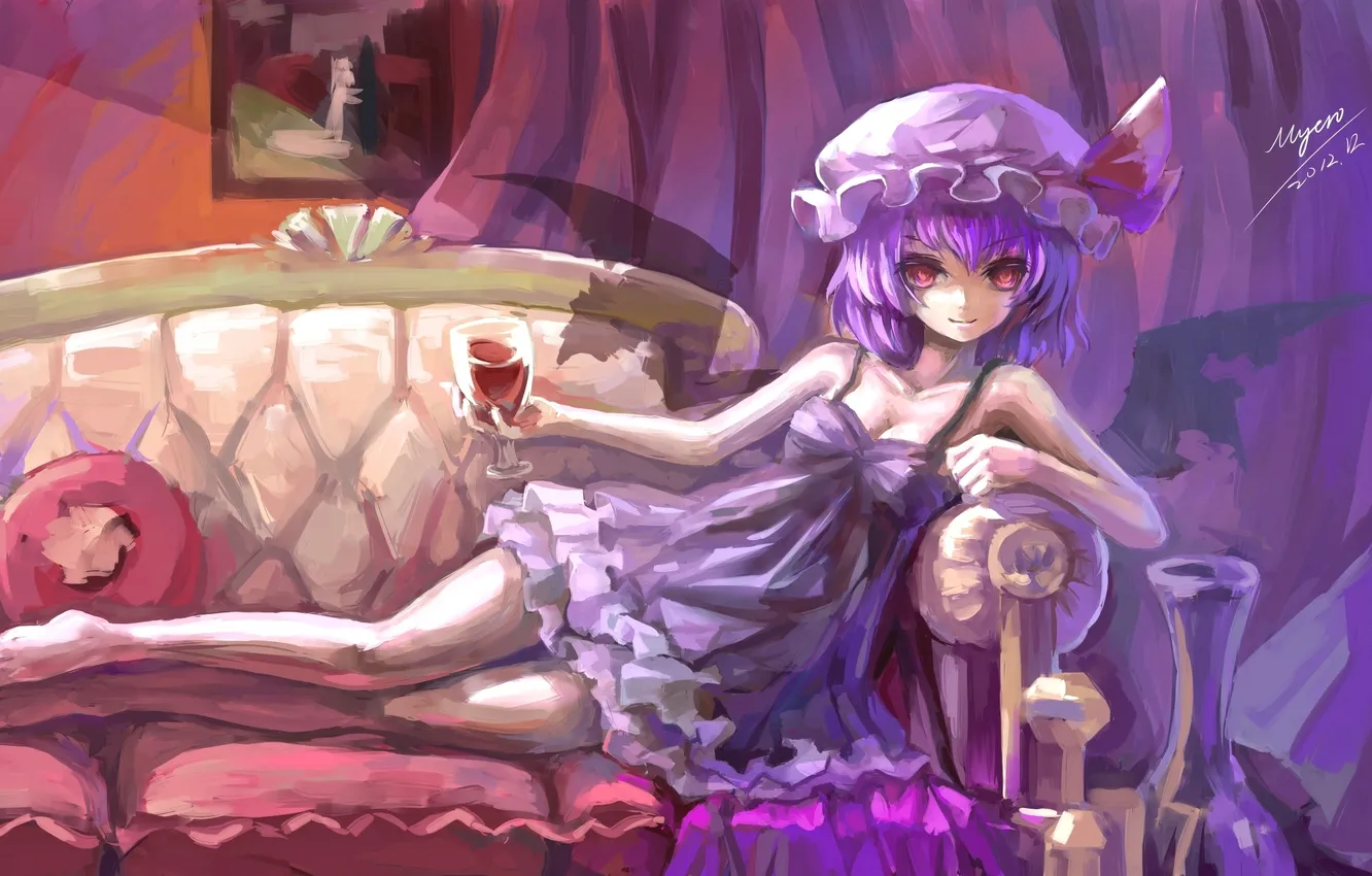 Photo wallpaper sofa, wine, figure, the demon, girl, touhou, lying, Remilia Scarlet