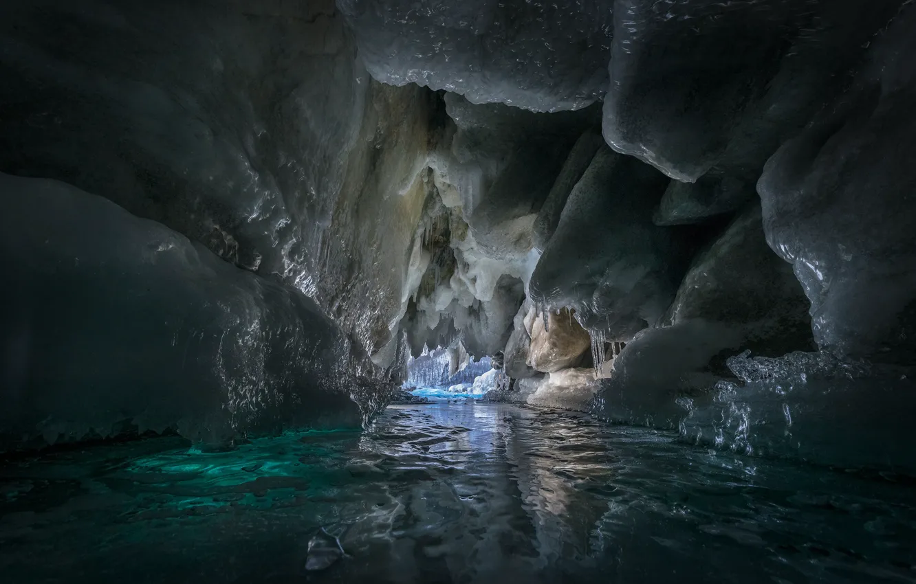 Photo wallpaper ice, winter, water, nature, lake, Baikal, cave