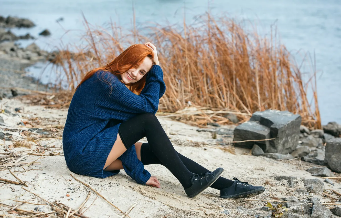 Photo wallpaper girl, river, nature, model, redhead, smiling, outdoors, thigh-highs