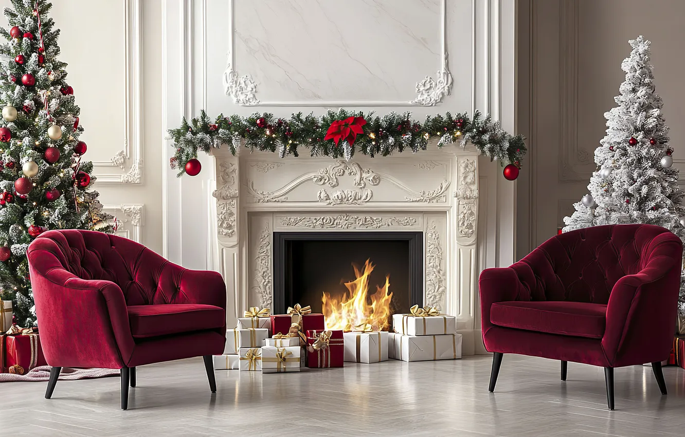 Photo wallpaper balls, lights, comfort, room, flame, gift, furniture, new year