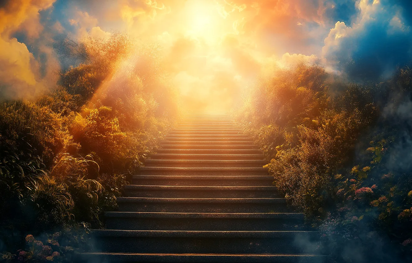 Photo wallpaper the sky, the sun, clouds, rays, light, nature, fog, ladder