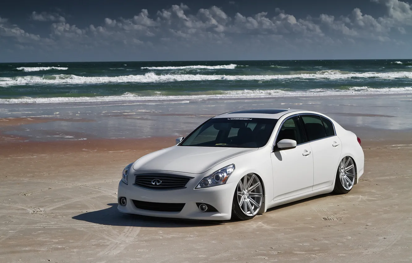 Photo wallpaper sea, wave, beach, Infiniti, white, white, infiniti, tuning