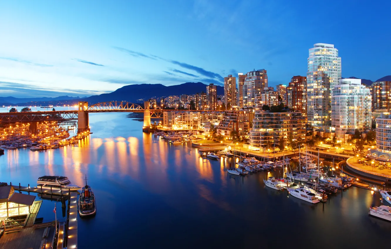 Photo wallpaper mountains, bridge, lights, river, home, yachts, the evening, Canada