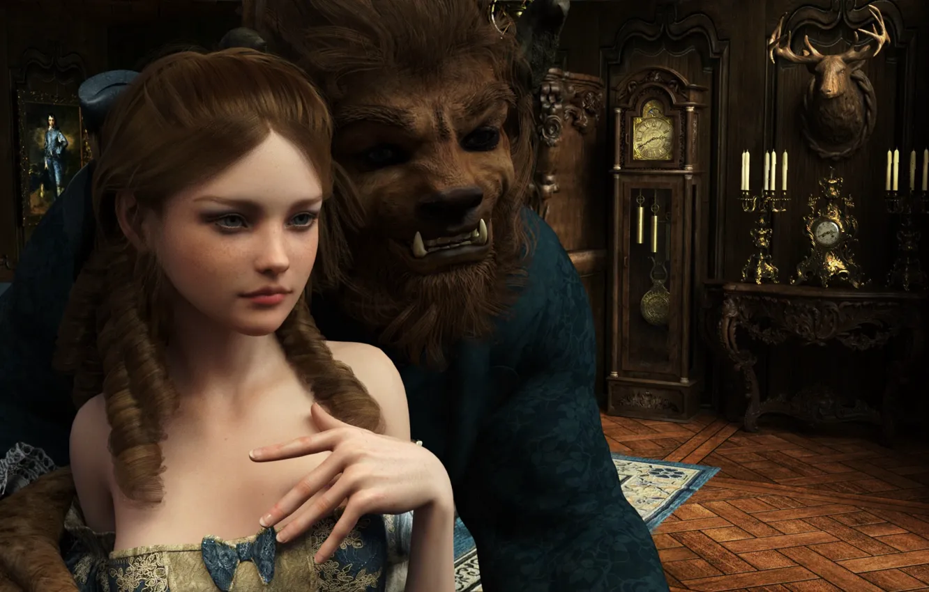 Photo wallpaper girl, monster, beauty and the beast