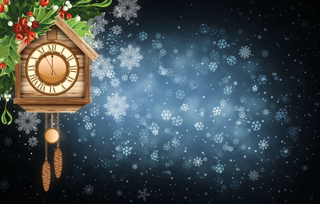 Photo wallpaper Winter, Minimalism, Snow, Time, Watch, Christmas, Snowflakes, Background