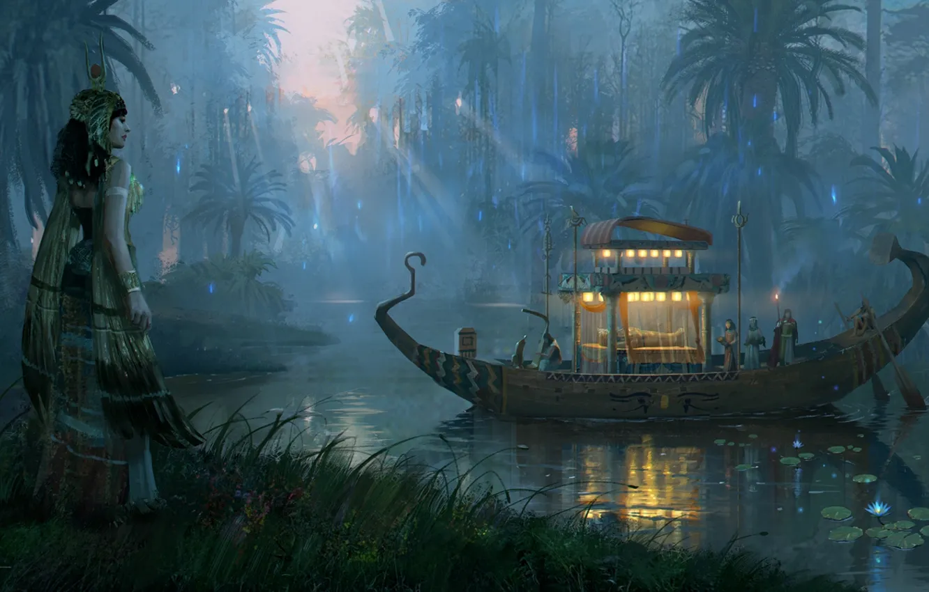Photo wallpaper river, palm trees, boat, ritual, tent, Osiris funeral, Path to duat