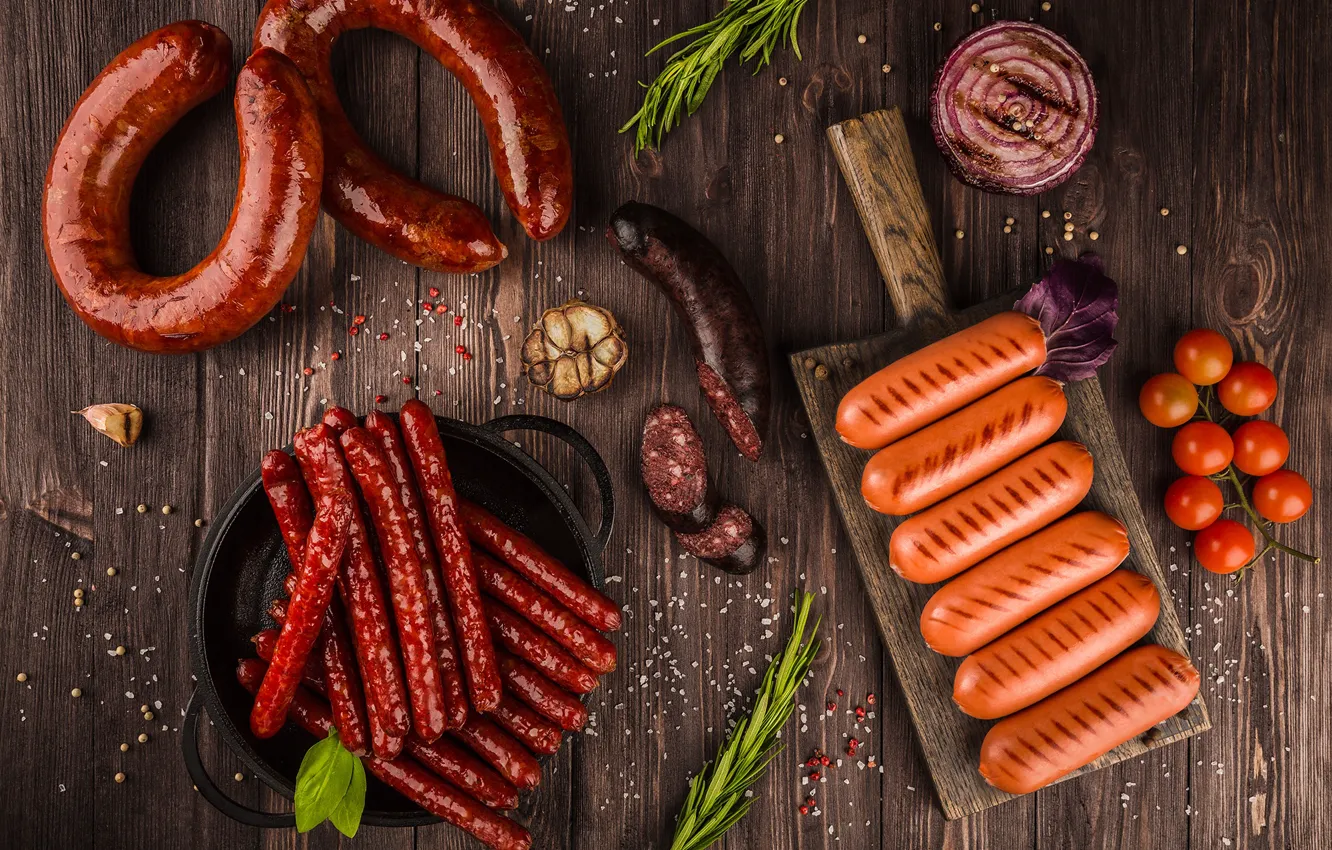 Photo wallpaper sausage, bow, tomatoes, sausage