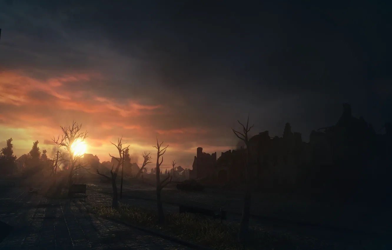 Photo wallpaper sunset, beautiful, World of Tanks, Ruinberg, Ruinberg on fire