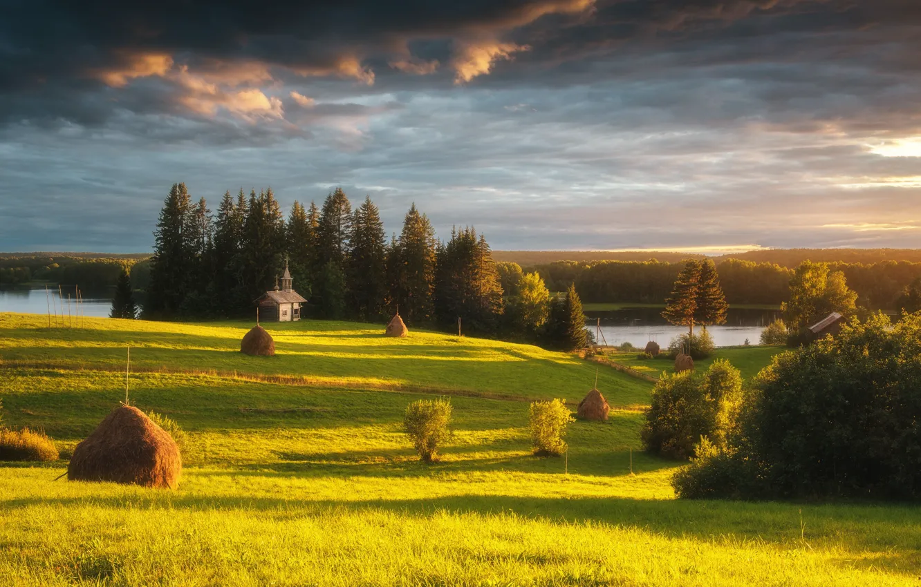 Photo wallpaper forest, summer, nature, lake, meadows, hay, national Park, Church