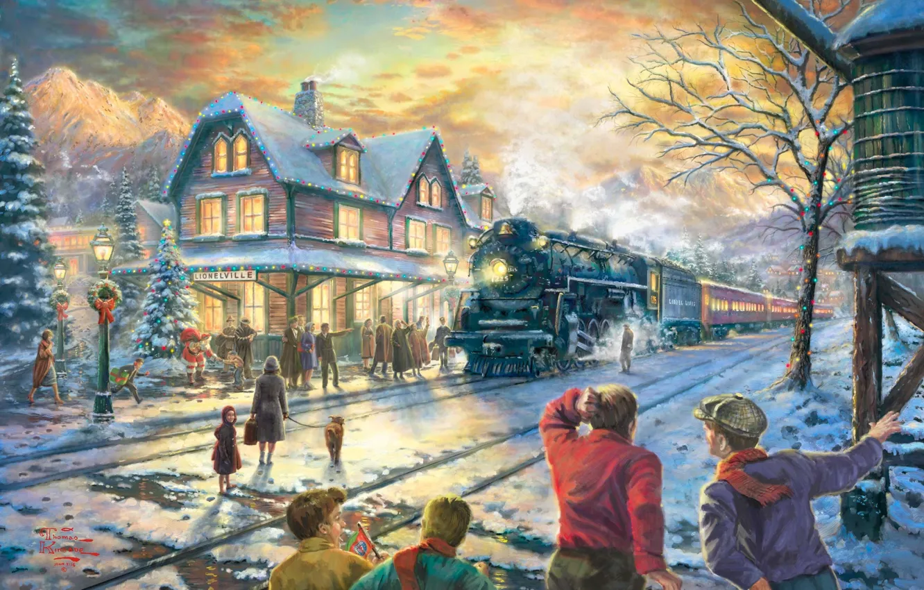 Photo wallpaper winter, snow, lights, house, holiday, train, spruce, station