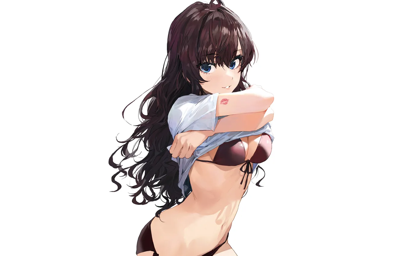 Photo wallpaper girl, sexy, cleavage, blouse, long hair, boobs, anime, beautiful