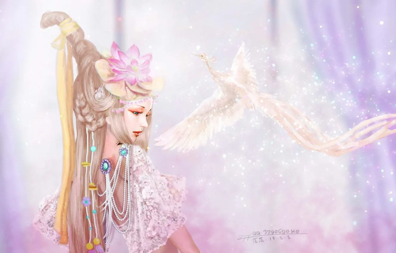 Photo wallpaper girl, decoration, bird, art, Lotus, hairstyle, profile
