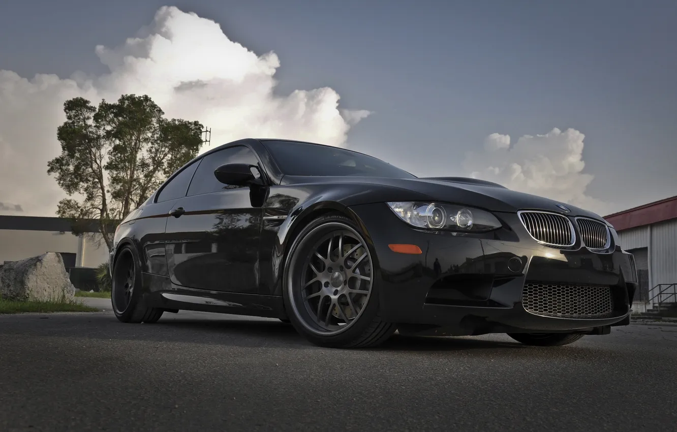 Photo wallpaper the sky, clouds, house, black, bmw, BMW, wheels, drives