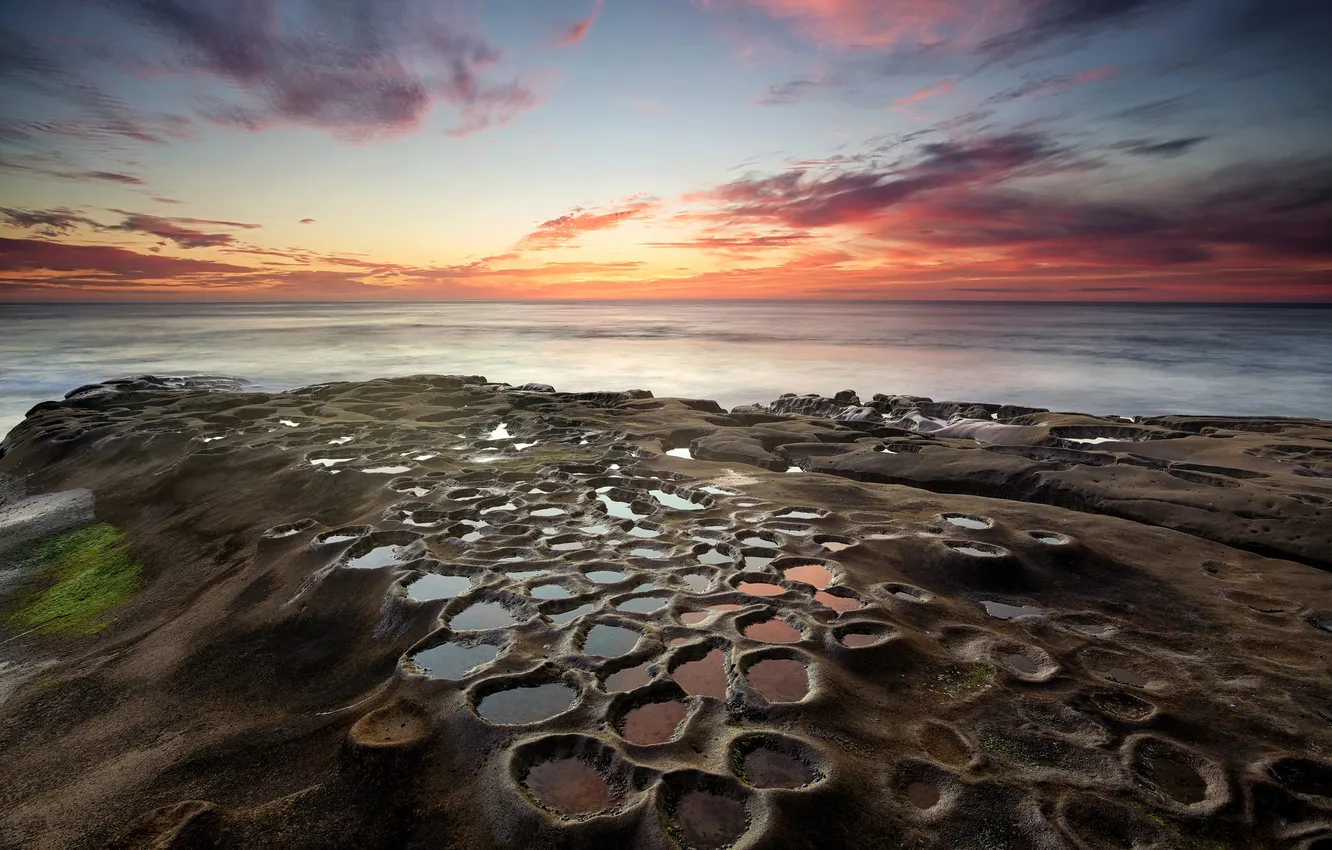 Photo wallpaper sea, the sky, sunset, stones, water, bowl