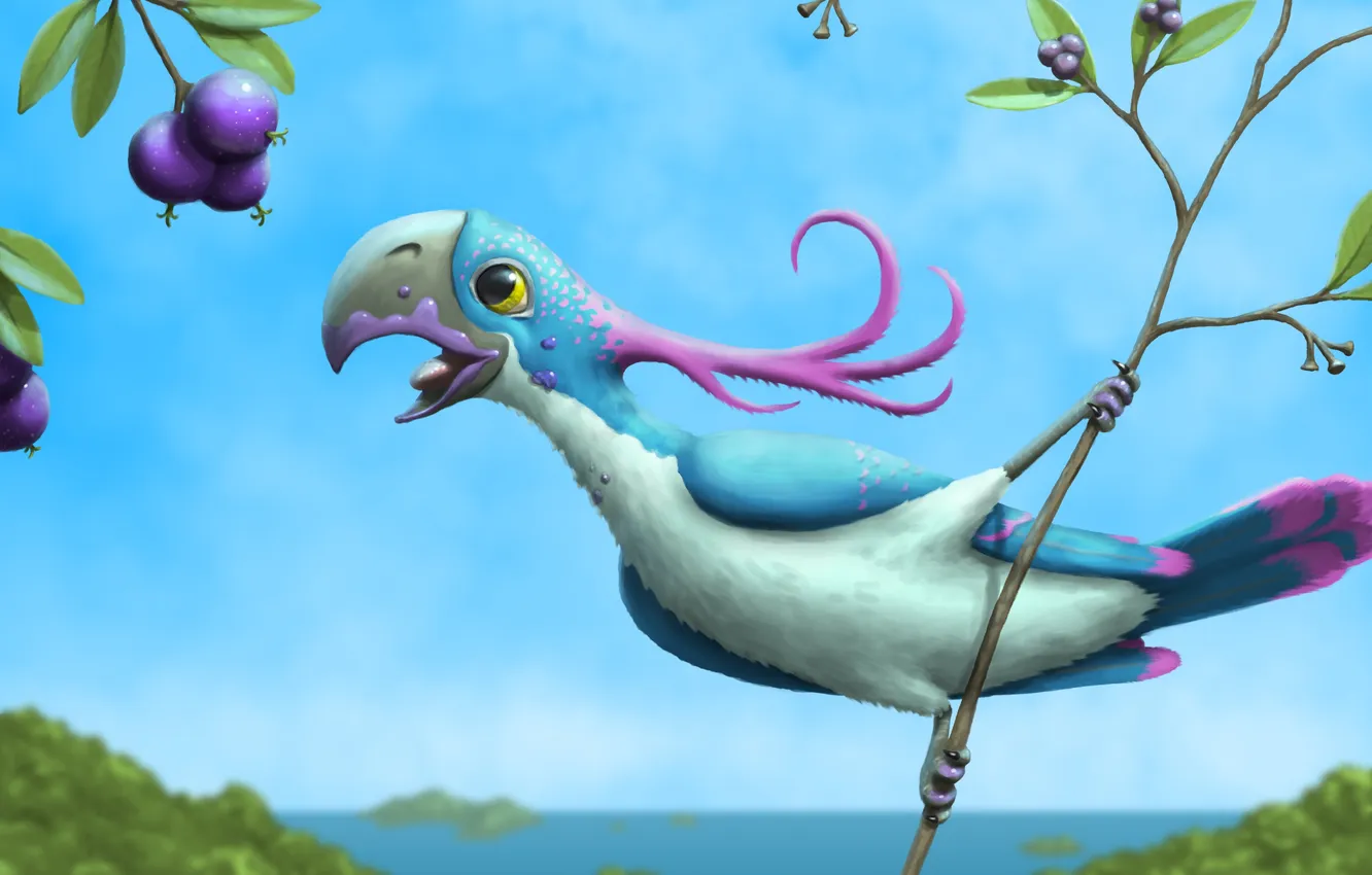 Photo wallpaper branches, berries, mood, bird, art